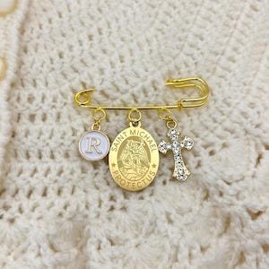 Saint Michael gold baby keepsake pin with personalised charms, Religious cross protection pin. Perfect for a boy or girl, gift from Godparent for Godson or God daughter, Catholic baptism, Christening, newborn gift.