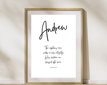 Christelijke vader Schrift Print Art Poster Spreuken 20:7 Christelijke Vaderdag Cadeau Christelijke cadeaus voor hem Bijbelvers muurkunst Nieuwe vader cadeau