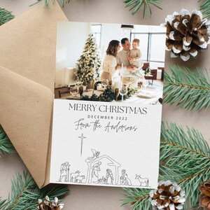 Religieuze fotokaart kerst, christelijke kerst familiefoto, 5 x 7 kaart, modern, minimalistisch kaart, bewerkbaar, afdrukbaar.