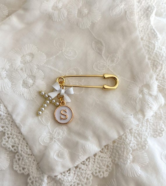 Personalized Baby Keepsake Pin: Gold Cross Charm, Christening Gift