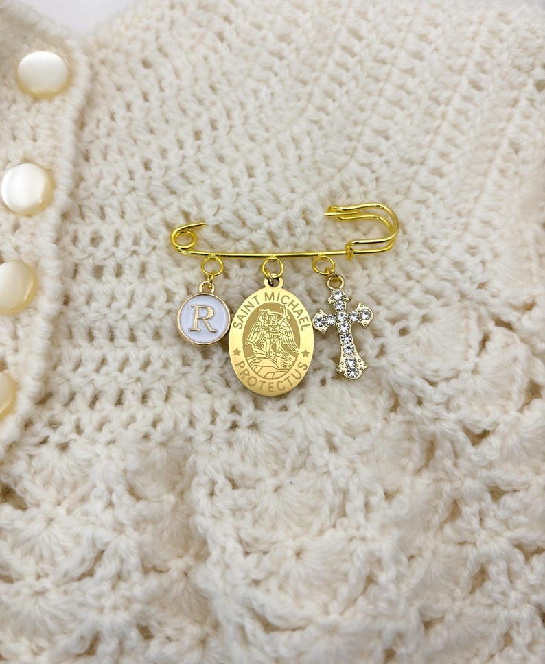 Saint Michael gold baby keepsake pin with personalised charms, Religious cross protection pin. Perfect for a boy or girl, gift from Godparent for Godson or God daughter, Catholic baptism, Christening, newborn gift.