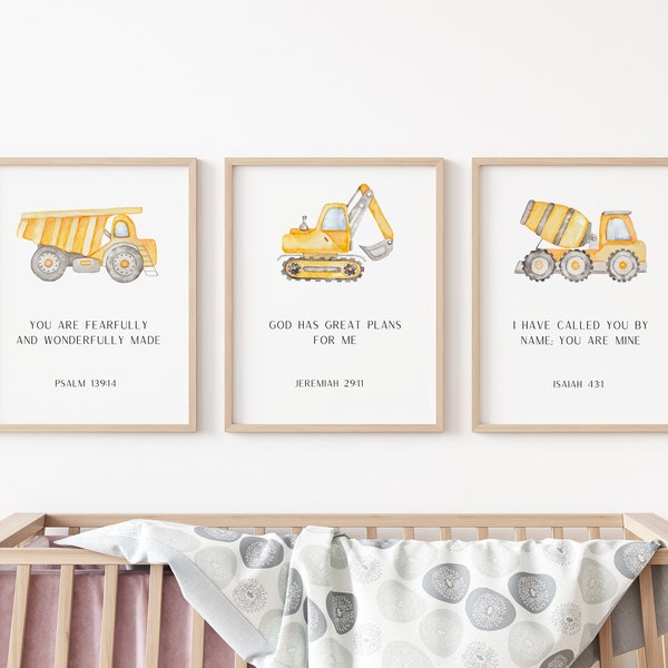 Boys Christian Nursery Construction print, Scripture Wall Art, Christian Baby Kids Bible Verse, Nursery Decor, Kids Printable Vehicle Poster