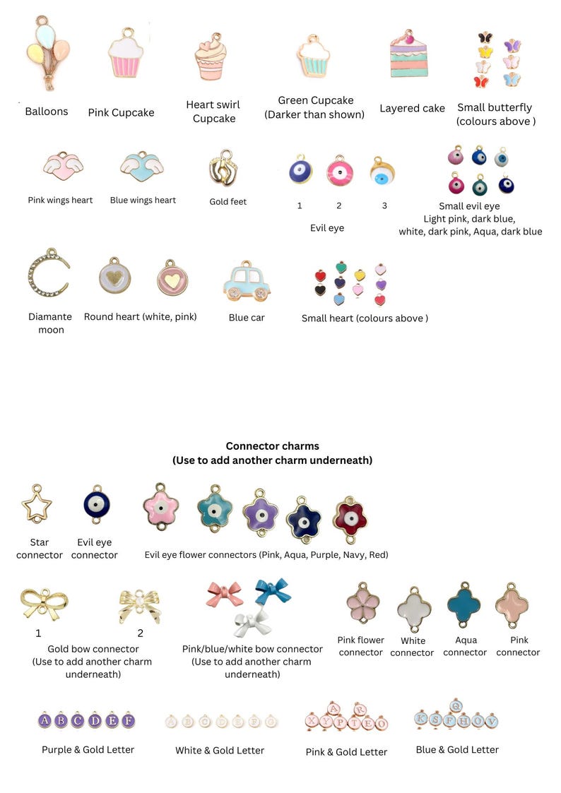 May include: A collection of colorful enamel charms, including cupcakes, hearts, butterflies, and evil eyes. There are also connector charms, bows, flowers, and letters. The charms are in various colors like pink, blue, and gold.