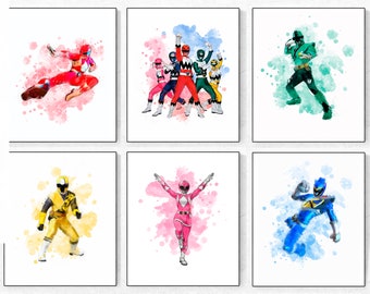 Power Rangers Watercolor Print Art Party Superhero Wall Decor Kids Room Nursery Printable Digital Download