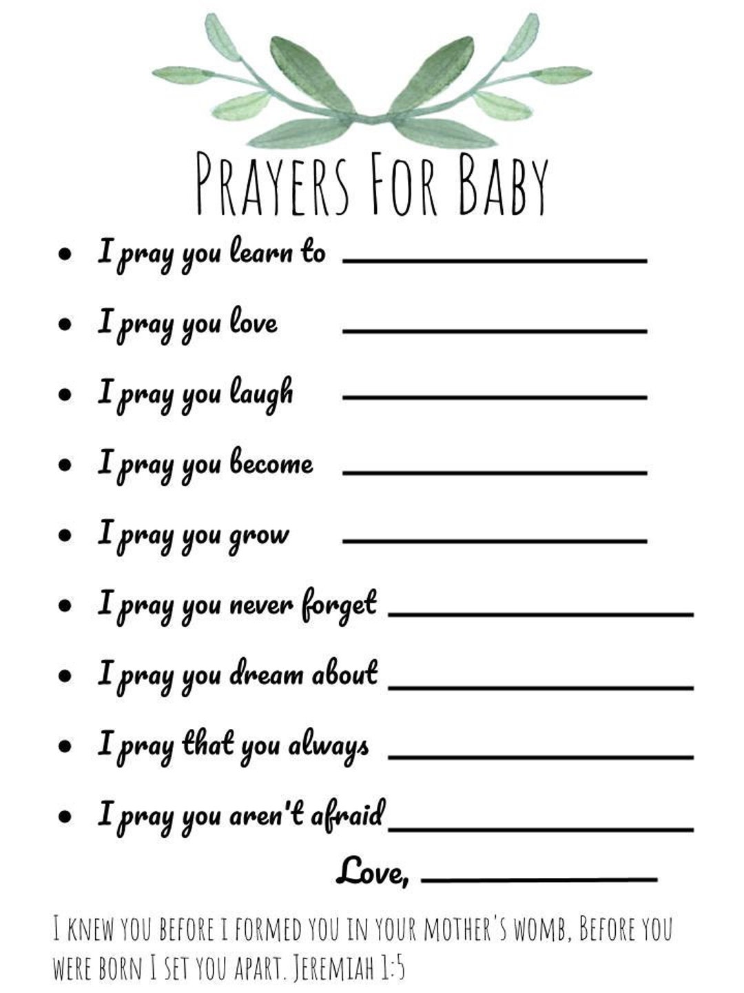 Prayers for Baby Template, Baby Shower, Prayers for Baby With Scripture, Jeremiah 1:5 - Etsy prayers-for-baby-template-baby-shower-prayers-for-baby-with-scripture-jeremiah-1-5-etsy