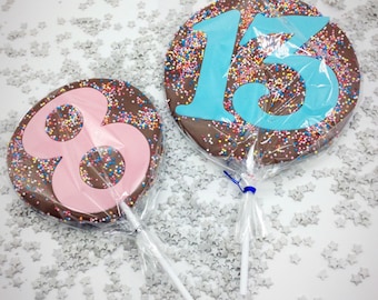 EXTRA Large Childrens Belgian Chocolate Lollipops, approximately 14cm in diameter, two digit numbered lollipops