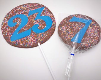 SUPER EXTRA Large Childrens Belgian Chocolate Lollipops, approximately 16cm in diameter, two digit numbered lollipops