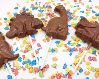 Set of 4 large Belgian Chocolate Dinosaur lollipops great for party bags, parties, Easter, Birthdays, Christmas - various colours to choose