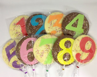 Large Childrens Party Bag Belgian Chocolate Lollipops, 10cm in diameter, numbered lollipop, Number 1 2 3 4 5 6 7 8 9 available