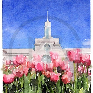Watercolor Mt. Timpanogos Temple with pink tulips