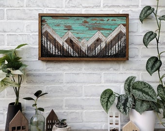 Teal sky mountains - wood mountains - forest and mountains - wood wall decor