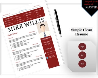May include: A resume template with a clean design, featuring a professional layout with sections for experience, skills, and education. The resume is predominantly white with burgundy accents. A black pen rests on the resume. The text "Simple Clean Resume" is displayed.