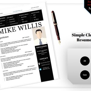 Op de afbeelding: Een strak cv-sjabloon met de naam "Mike Willis" bovenaan. Het cv bevat secties voor ervaring, opleiding en contactgegevens. Een pen ligt ernaast. Het ontwerp is gelabeld "Simple Clean Resume".