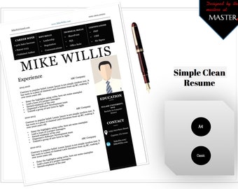 May include: A clean resume template with the name "Mike Willis" at the top. The resume includes sections for experience, education, and contact information. A pen rests on the side. The design is labeled "Simple Clean Resume".