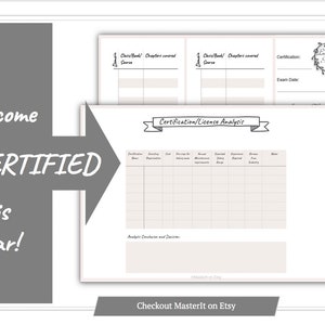 May include: A white paper with the text "Become CERTIFIED This Year!" and a "Certification/License Analysis" chart. The image includes a smaller chart and the text "Checkout Masterlt on Etsy."