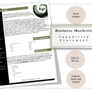 Puede incluir: Una plantilla de declaración de capacidad de marketing empresarial con secciones para el perfil de la empresa, las competencias básicas y los diferenciadores. Incluye indicaciones para los códigos NAICS, el número DUNS y las certificaciones. Con el texto "Business Marketing Capability Statement".