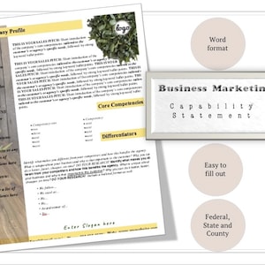 May include: A business marketing capability statement template with sections for company profile, core competencies, and differentiators. Includes text fields for NAICS codes, DUNS number, certifications, and clients. Features the text "Business Marketing Capability Statement".
