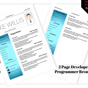 May include: A two-page resume template for a developer or programmer. The resume features a professional design with sections for experience, education, projects, and skills. The design includes a blue and white color scheme and the text "2 Page Developer Programmer Resume".