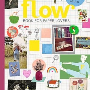 Peut inclure: Couverture de livre "flow BOOK FOR PAPER LOVERS" avec un design de collage. Le titre jaune "flow" est proéminent, avec des images variées et du texte, dont "Make your own Vision board edition" et "More than 150 pages of paper goodies".