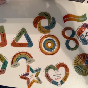Puede incluir: Una colección de pegatinas coloridas con varias formas y diseños relacionados con ejercicios de respiración. Las pegatinas incluyen formas como cuadrados, triángulos, círculos y estrellas, cada una con texto como "box breathing" y "breathe in".