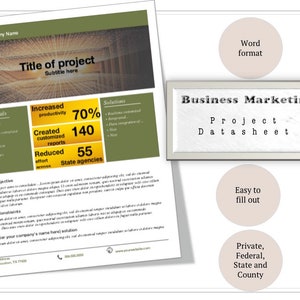 May include: A business marketing project datasheet with the title "Title of project" and the subtitle "Subtitle here". The datasheet includes project details, objectives, and constraints, along with statistics showing increased productivity, customized reports, and reduced effort.