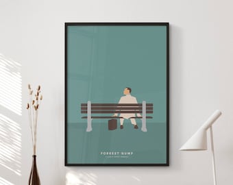 Op de afbeelding: Ingelijste kunstprint met een minimalistische illustratie van een persoon op een bankje met een aktetas. Het kunstwerk heeft een turquoise achtergrond en de tekst "FORREST GUMP" staat onderaan.