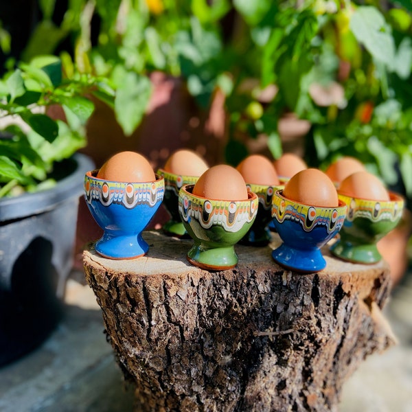 Ceramic Egg Holders Set - Green and Blue Egg Cup Holders for Breakfast and Festive Delights - Perfect for  a Gift
