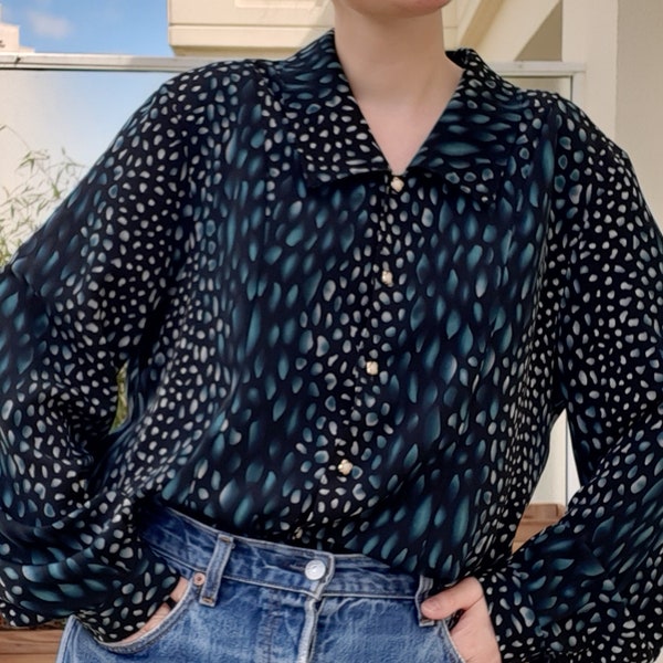 Vintage 80s printed blouse black and blue