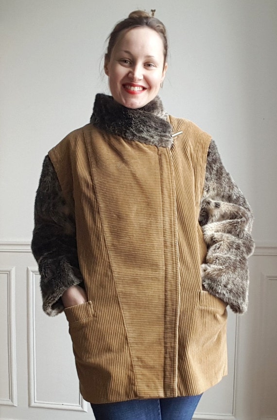 Vintage 70s veste en vlours côtelé et fausse fourr
