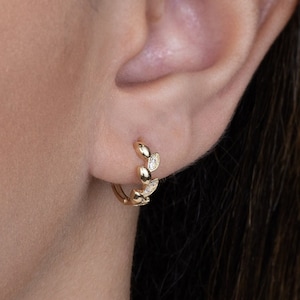 14K REAL Solid Gold Cubic Zirconia Olive leaf Hoop Earrings, Cartilage Daith Helix Tragus Conch Rook Snug Huggie Hinge Ear Ring Jewelry