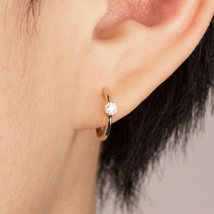 14K REAL Diamond Hoop Earrings Real Solid Gold Natural Genuine Diamond Cartilage Earlobe Helix Tragus Conch Huggie Hoop Clicker Piercing