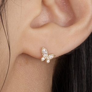 14K REAL Solid Gold Butterfly Stud Diamond CZ Cartilage Daith Helix Tragus Conch Rook Snug Ear Post Stud Piercing Earring Body 18Gauge