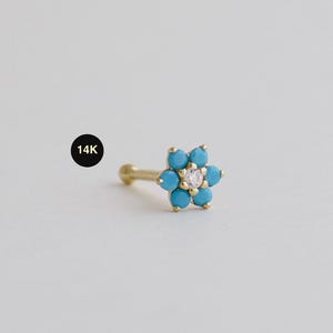 14K Solid Gold Turquoise Nose Ring, Nose Jewelry Piercing 22 Gauge