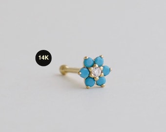14K Solid Gold Turquoise Diamond CZ Lotus Flower Nose Bone Stud, Ear Jewelry Piercing 22 Gauge
