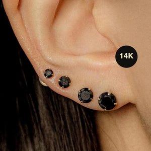 Boucles d'oreilles en or massif 14 carats avec diamants ronds noirs CZ, cartilage Daith Helix Tragus Conch confortable piercing d'oreille bijoux de base minimalistes