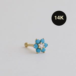 14K REAL Solid Gold Turquoise Diamond CZ Lotus Flower Nose Bone Stud Dainty Tiny Mini Baby Nose Bone Stud Twist Body Jewelry Piercing 22G