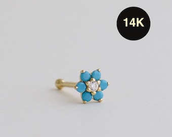 14K REAL Solid Gold Turquoise Diamond CZ Lotus Flower Nose Bone Stud Dainty Tiny Mini Baby Nose Bone Stud Twist Body Jewelry Piercing 22G