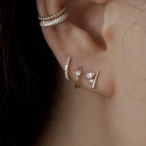 14K REAL Solid Gold Marquise Diamond CZ Line Bar Stud Earrings, Upper Earlobe Cartilage Tragus Ear Post Push-back Stud Piercing Earrings