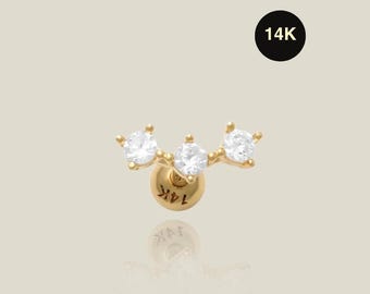 14K echte natürliche Triple Diamant Bolzen, Solid Gold Drei Runde drei Knorpel Helix Tragus Conch Snug Ohrstecker Piercing Ohrring 18Gauge