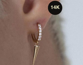 14K REAL Solid Gold Spike Drop Huggie Earring, Diamond CZ Cartilage Upper-lobe Helix Tragus Conch Hinge Huggie Hoop Ear Piercing Jewelry