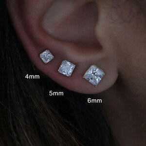 14K REAL Solid Gold Square CZ Stud Earrings, Screw / Butterfly Back Cartilage Earlobe Tragus Ear Stud Piercing Men Women Simple Minimalist