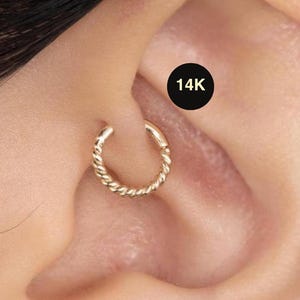 14K REAL Solid Gold Twisted Rope Hoop, Septum Nose Lip Cartilage Daith Helix Tragus Conch Rook Snug Body Earring Piercing Jewelry 16Gauge