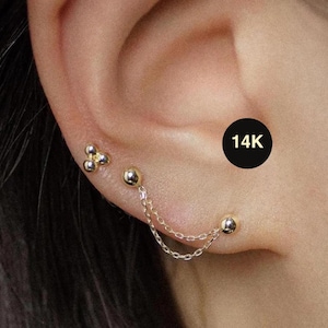 14K Echtgold Doppel Kette Ball Verbunden Duo Tropfen Ohrstecker, Knorpel Obere Ohrläppchen Helix Geschenk für Sie Piercing Minimalist Schmuck