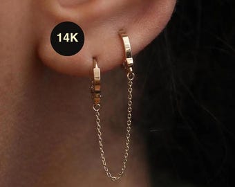 14K Solid Gold Chain Hoop Earring, Single Huggie Cartilage Helix Piercing