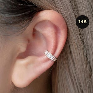 14K REAL Solid Gold Baguette Cubic Zirconia Wide Bold Thick Minimalist Ear Cuff Ring, Cartilage Conch Helix No Piercing Ear Cuff CZ Earring