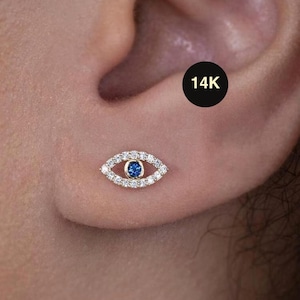 14K REAL Solid Gold Evil Eye Sapphire Stud Screw-back Baby Earrings, Diamond CZ Upper Earlobe Cartilage Helix Tragus Ear Stud Earrings