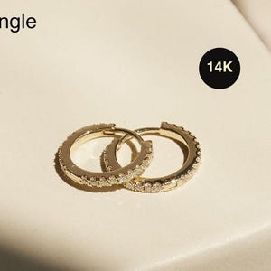 14K REAL Diamond Hoop Earring, Real Solid Gold Natural Genuine Diamond, Cartilage Helix Tragus Rook Snug Huggie Hinged Piercing Single Piece