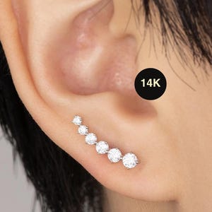 14K REAL Solid Gold Graduated Cubic Zirconia Climber Stud Push-back Earrings for Wedding, Bridal, Birthday, Christmas