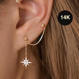 14K REAL Solid Gold Starburst Chain Double Stud Threader Earring, Earlobe Cartilage Helix Tragus Ear Post Piercing Dainty Star Jewelry