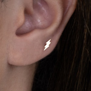 14K REAL Solid Gold Tiny Lightning Stud Earrings, Cartilage Daith Helix Tragus Conch Rook Snug Ear Post Push-back Stud Piercing Earrings